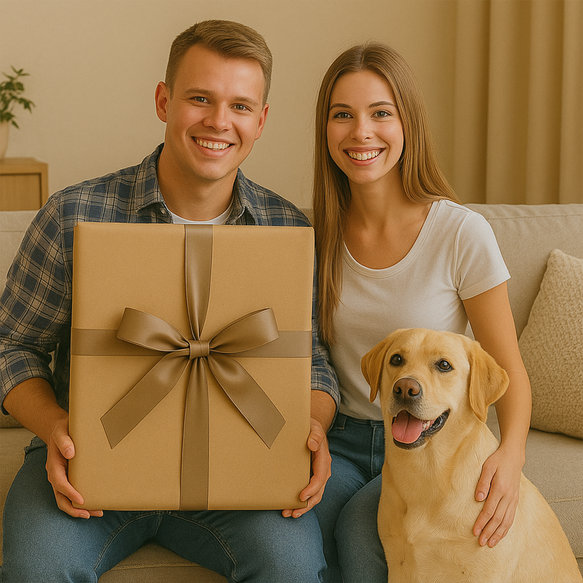 Image of Portret pary z psem - obraz na płótnie z Twojego zdjęcia