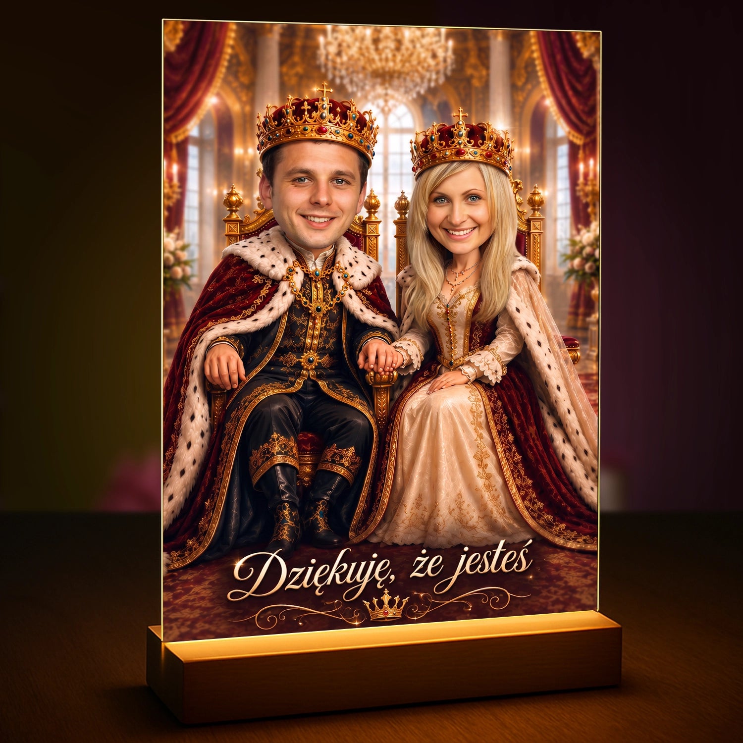 Image of Personalizowany portret pary jako króla i królowej z napisem „Dziękuję, że jesteś”