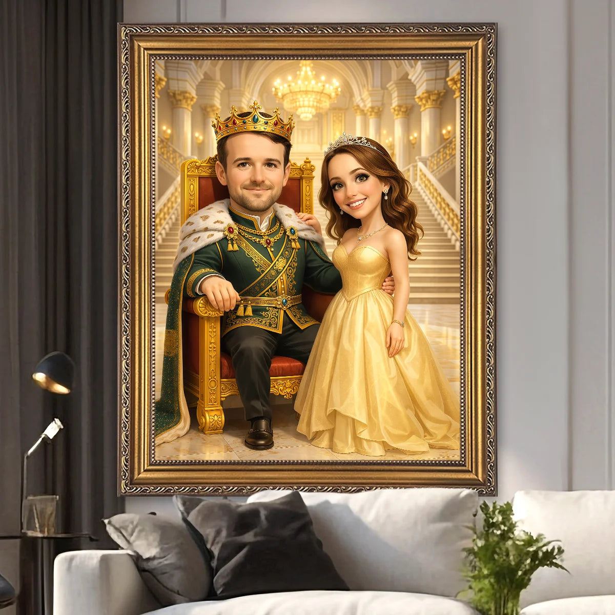 Image of Personalizowany portret pary w stylu królewskim na płótnie, obraz ze zdjęcia jako król i królowa w eleganckim pałacowym wnętrzu