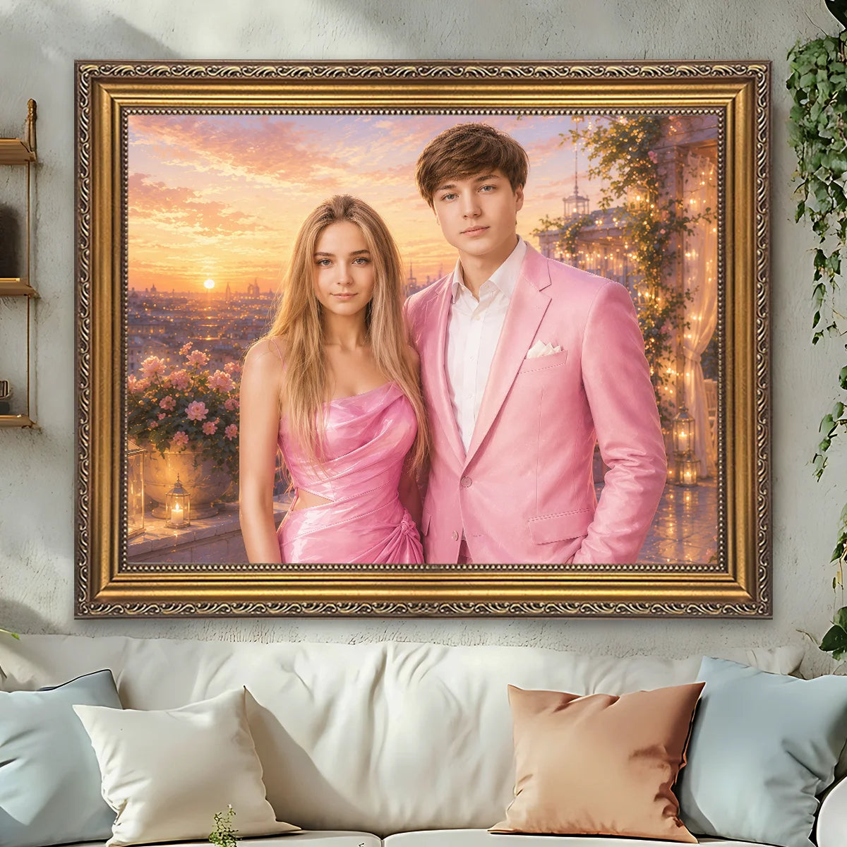 Image of Portret pary ze zdjęcia na płótnie w bajkowym stylu, romantyczny prezent na rocznicę dla zakochanych