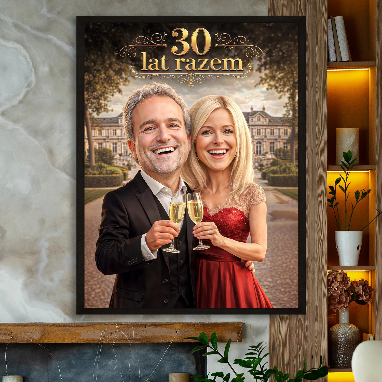 Image of Personalizowany portret pary na 30 rocznicę na plakacie, elegancki styl, para z kieliszkami, pałac w tle