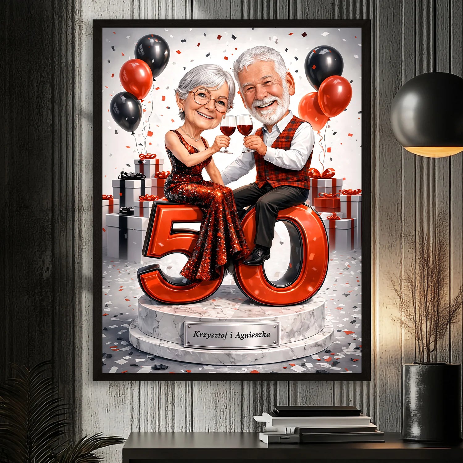 Image of Personalizowany portret pary na 50 urodziny na plakacie, styl elegancki, para siedzi na liczbie 50, czerwono-czarne dekoracje i balony