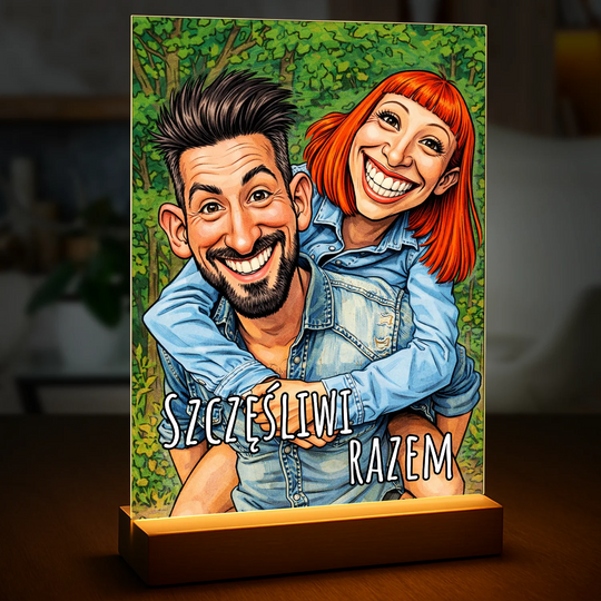 Szczęśliwi razem karykatura - druk na szkle, personalizowany prezent na rocznicę