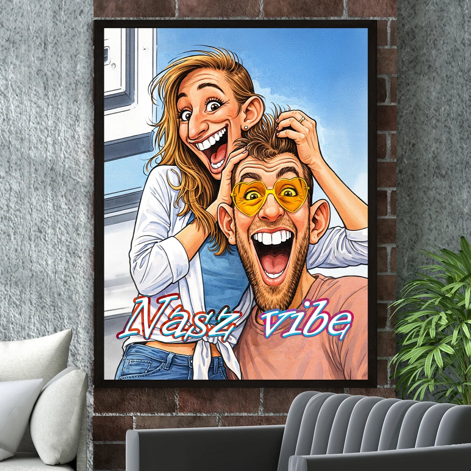 Image of Personalizowany portret pary na plakacie, styl karykatury, uśmiechnięta para robi zdjęcie, kolorowe tło