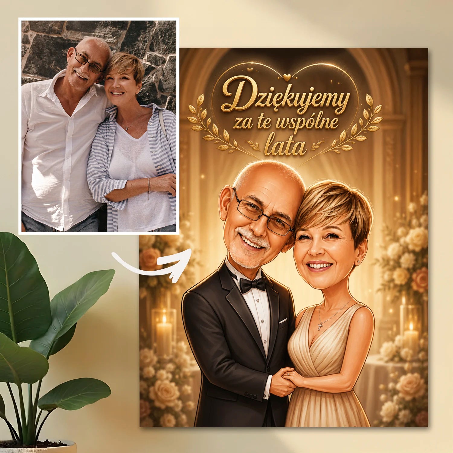 Image of Prezent dla pary na rocznicę ślubu - portret ze zdjęcia na płótnie Dziękujemy za wspólne lata