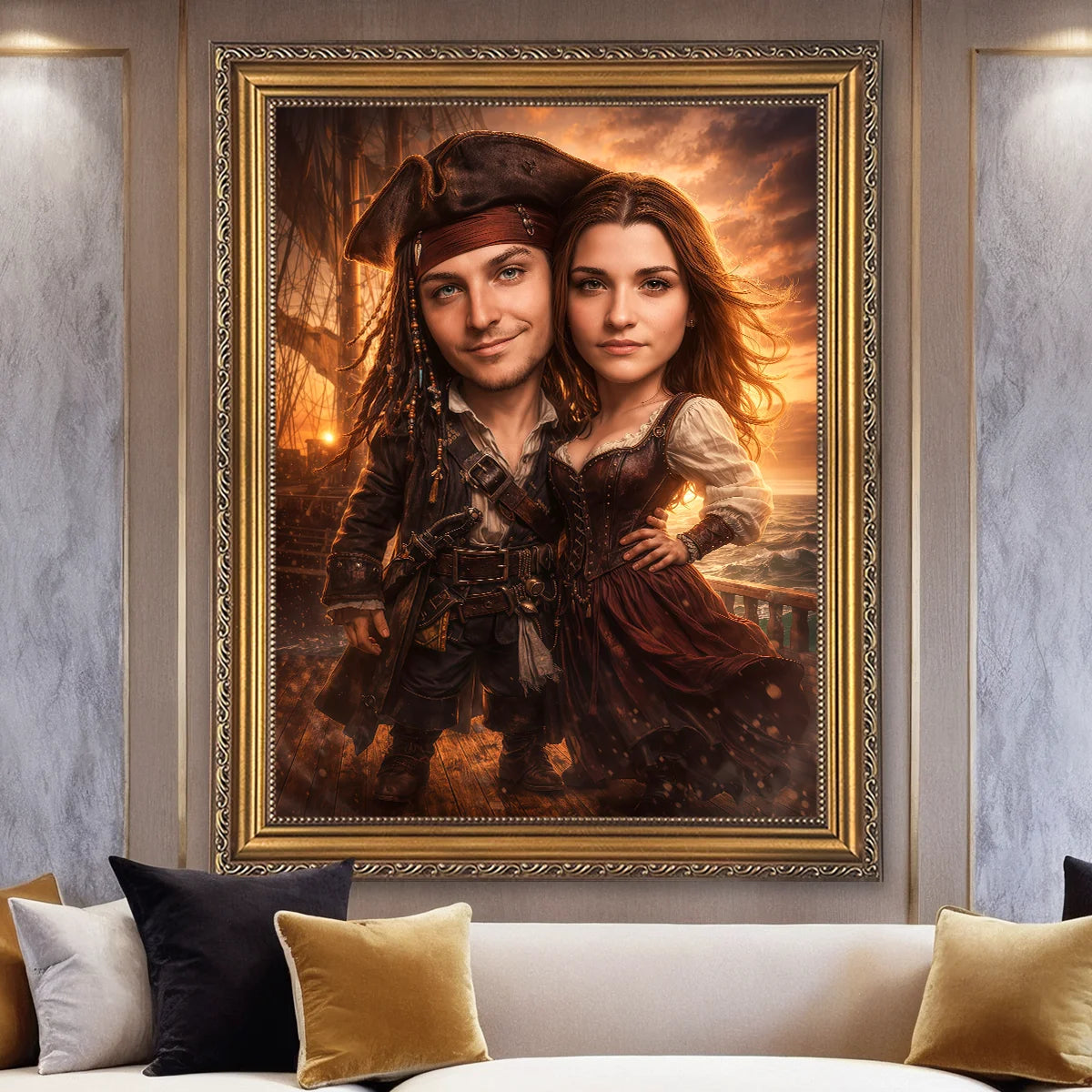 Image of Portret pary jako piraci na płótnie ze zdjęcia, styl filmowy, statek w tle, przygodowy klimat, personalizowany prezent