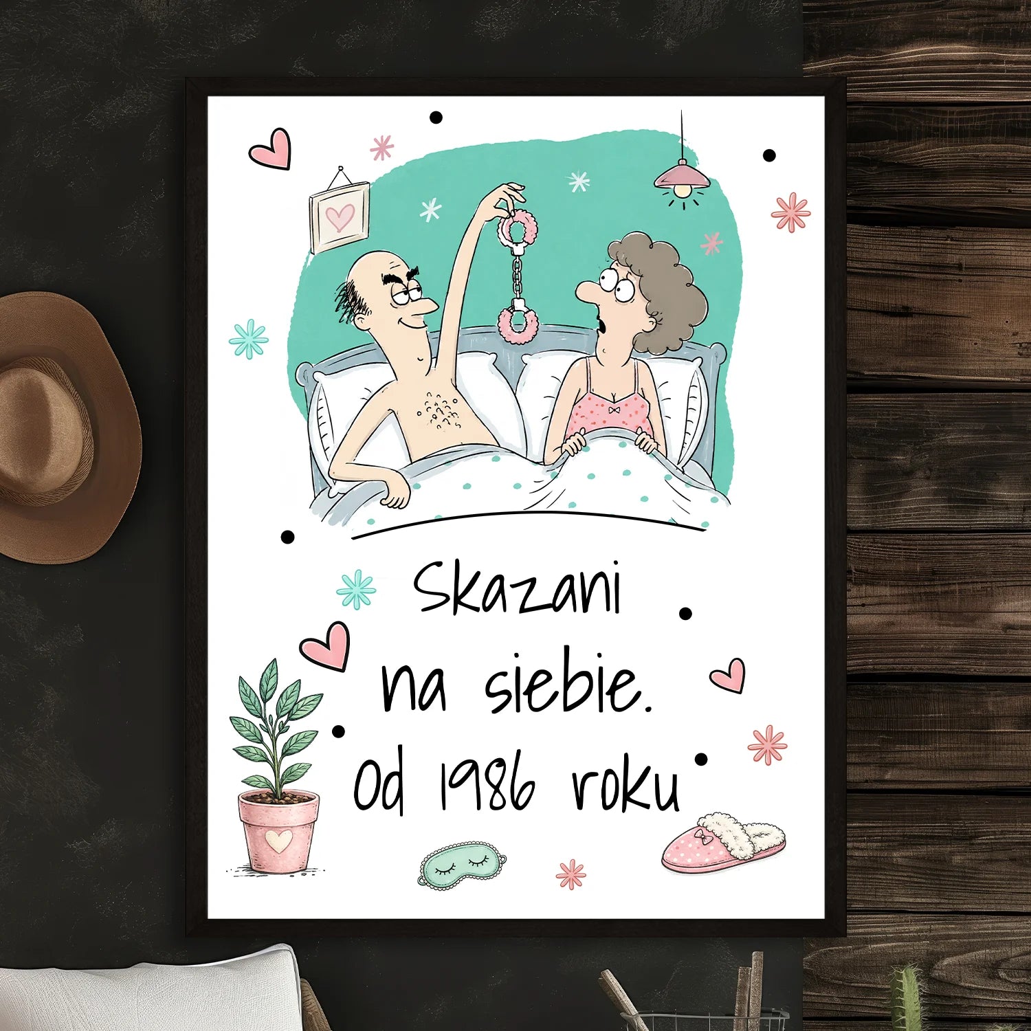 Image of Personalizowany plakat dla pary z humorystyczną ilustracją małżeństwa, prezent na rocznicę ślubu z własnym napisem i datą