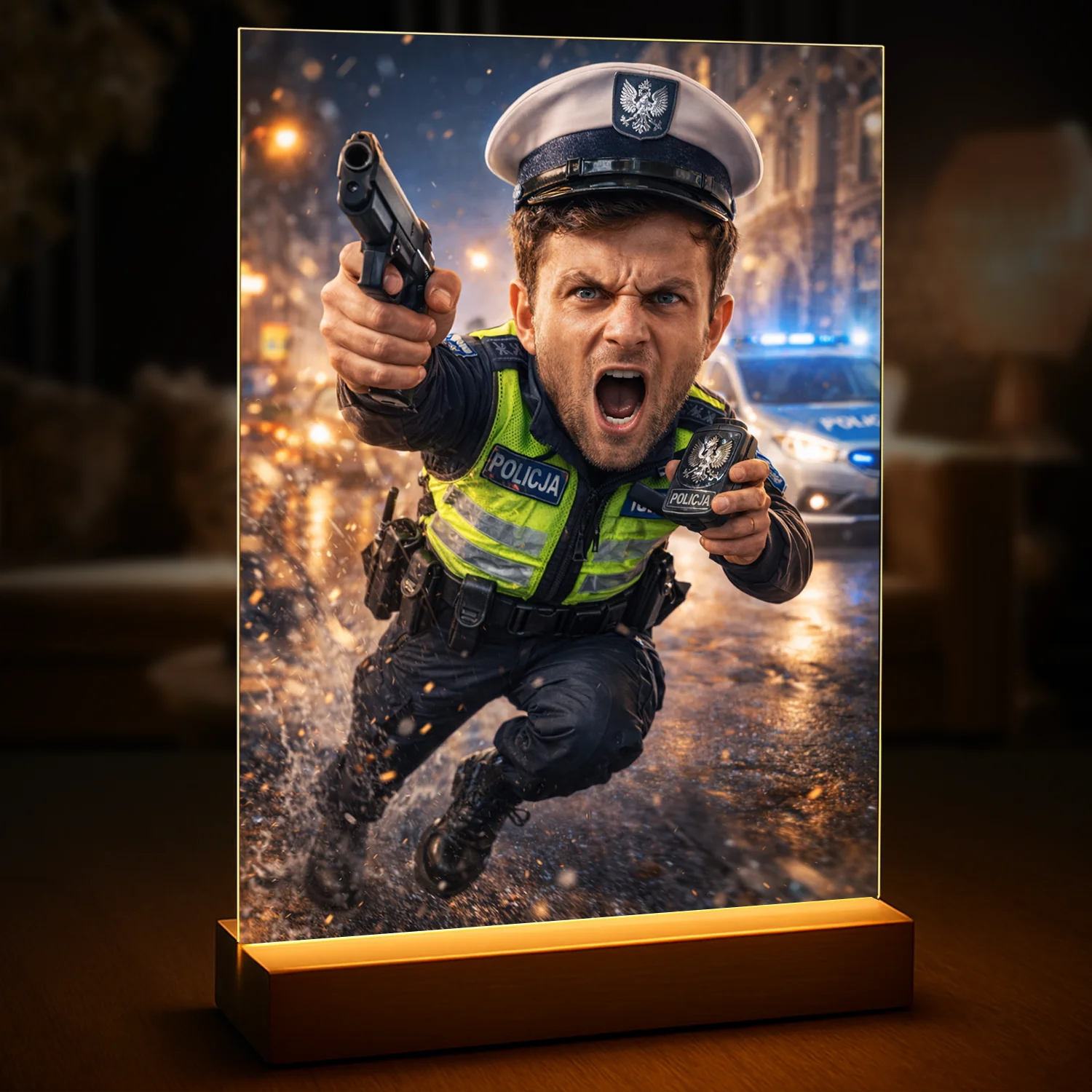 Image of Druk na szkle akrylowym dla niego ze zdjęcia, portret policjanta w akcji, mężczyzna biegnie z bronią na tle radiowozu i miasta nocą
