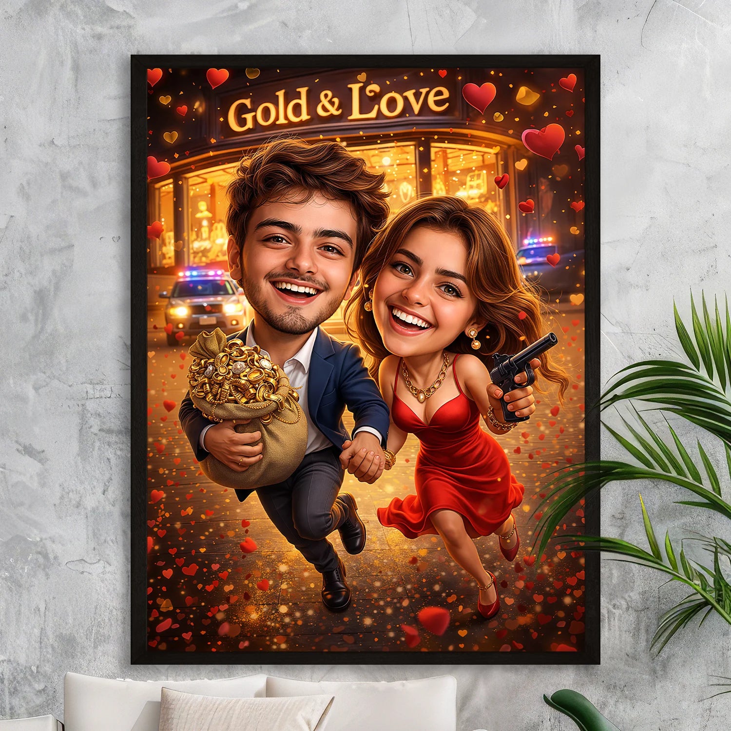 Image of Personalizowany plakat pary w stylu napadu, worek ze złotem, czerwone stroje i dynamiczny, romantyczny klimat