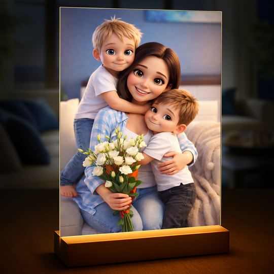 Portret mamy i dzieci w bajkowym stylu - druk na szkle, personalizowany prezent na Dzień Matki