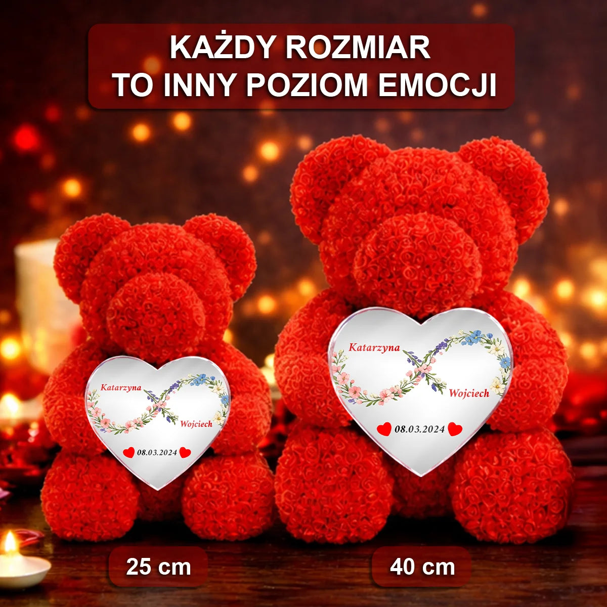 Image of Imiona pary + data - miś z róż z personalizowanym sercem na rocznicę
