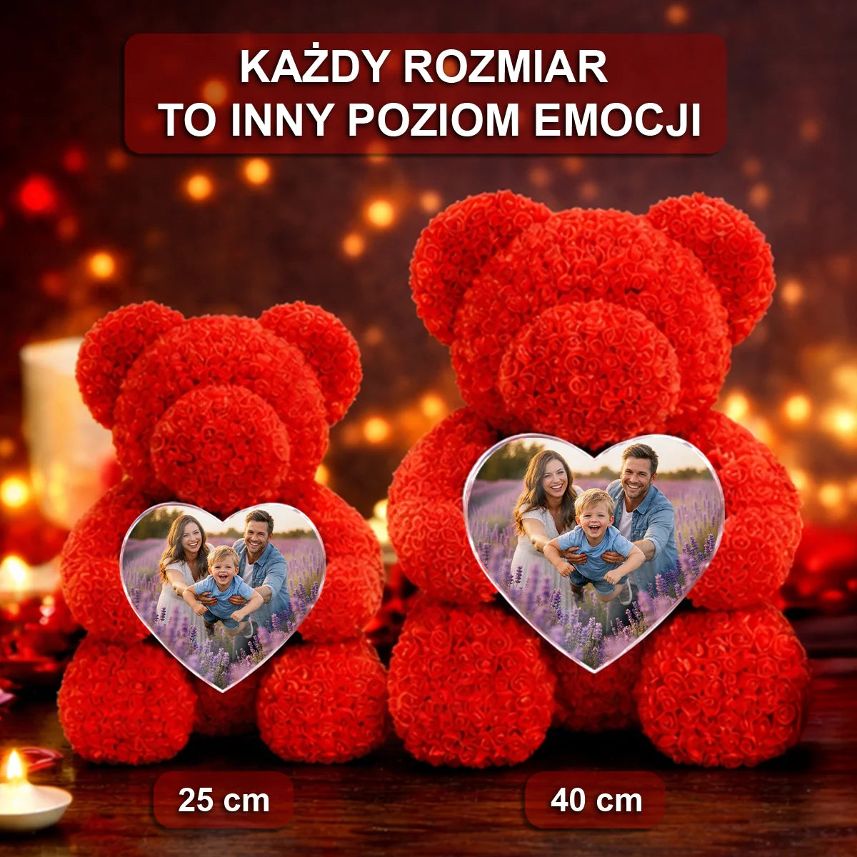Image of Zdjęcie rodziny - miś z róż z personalizowanym sercem na święta