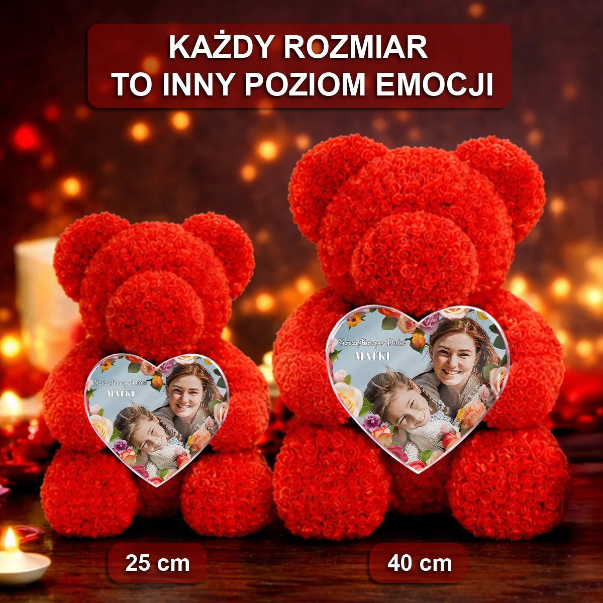 Image of Pomysł na prezent dla mamy – miś z róż ze zdjęciem na szkle + Twój tekst