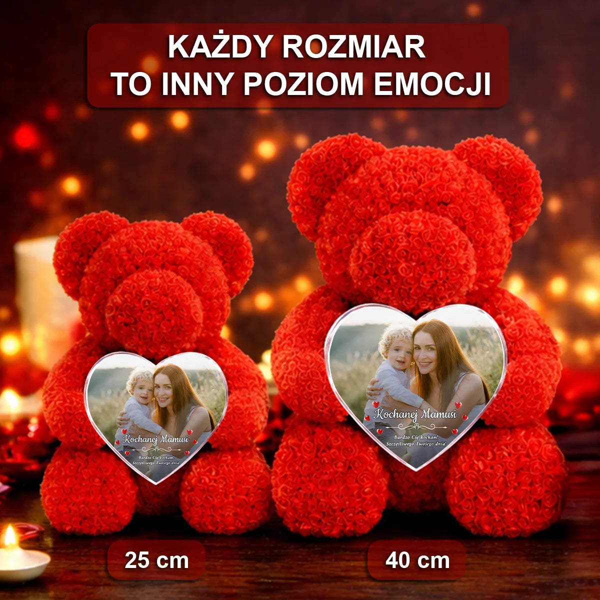 Image of Oryginalny prezent dla mamy na Dzień Matki - personalizowany miś z róż ze zdjęciem i tekstem na szkle