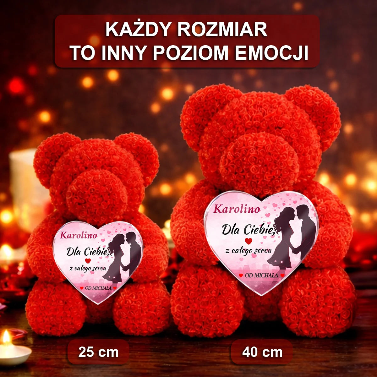 Image of Dla Ciebie z całego serca - miś z róż z personalizowanym sercem na Walentynki