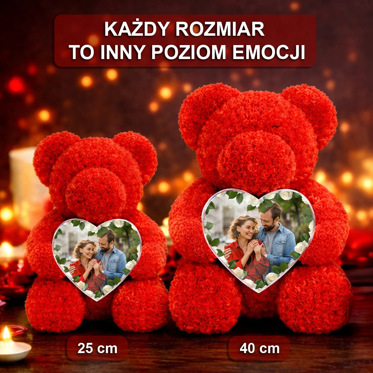 Image of Szczęśliwi zakochani - miś z róż z personalizowanym sercem
