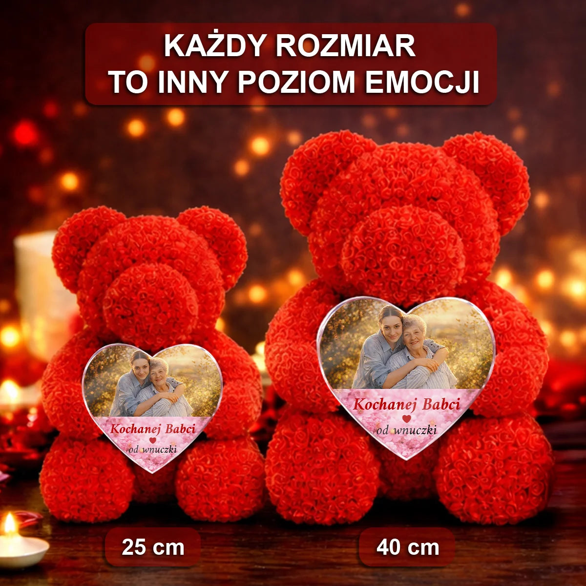 Image of Dla kochanej babci od wnuczki - miś z róż z personalizowanym sercem na Dzień Babci