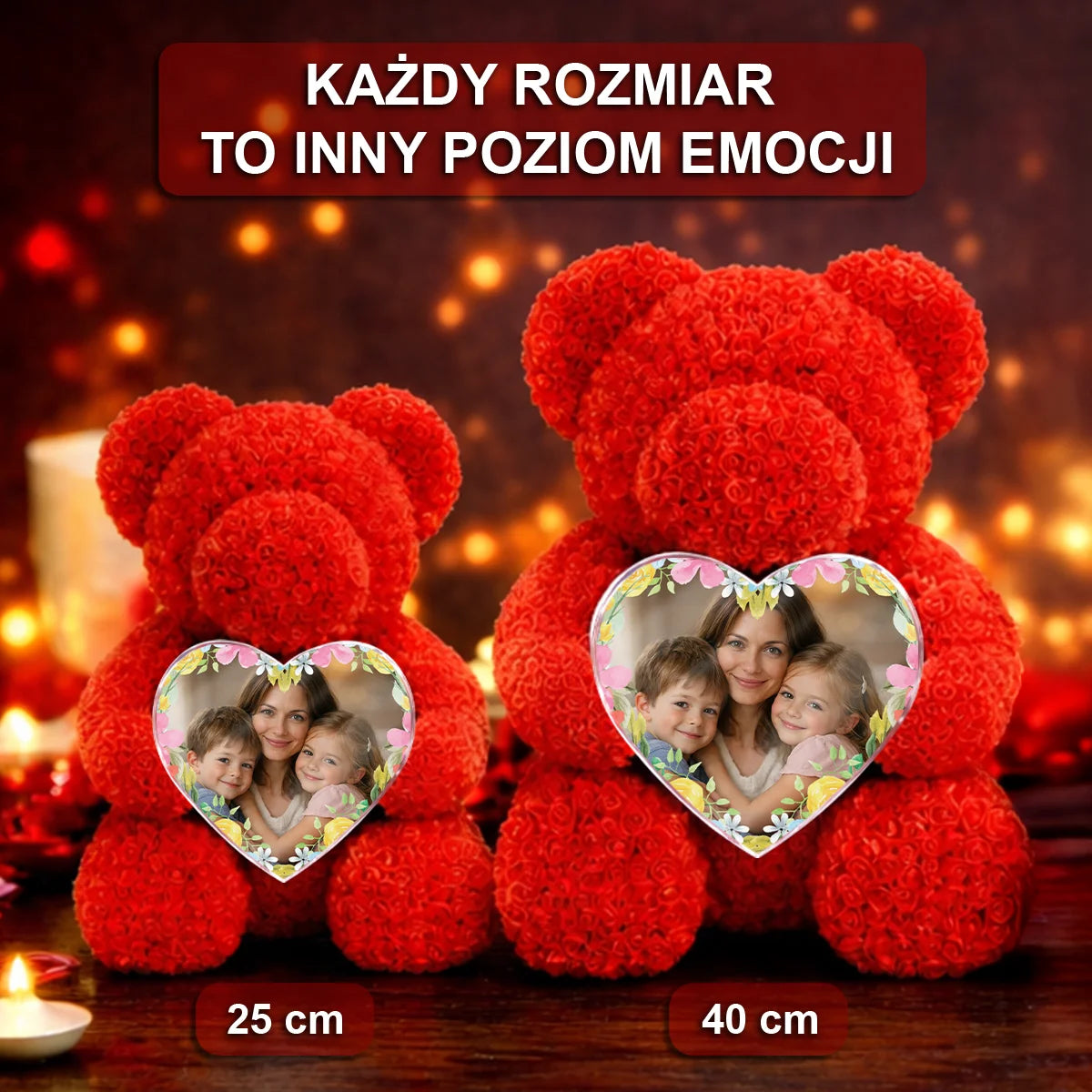 Image of Mama z dziećmi - miś z róż z personalizowanym sercem na Dzień Matki