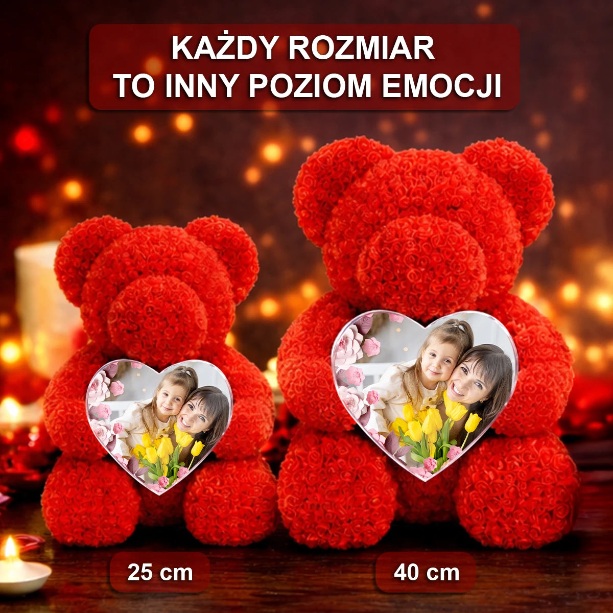 Image of Zdjęcie mamy i dziecka - miś z róż z personalizowanym sercem