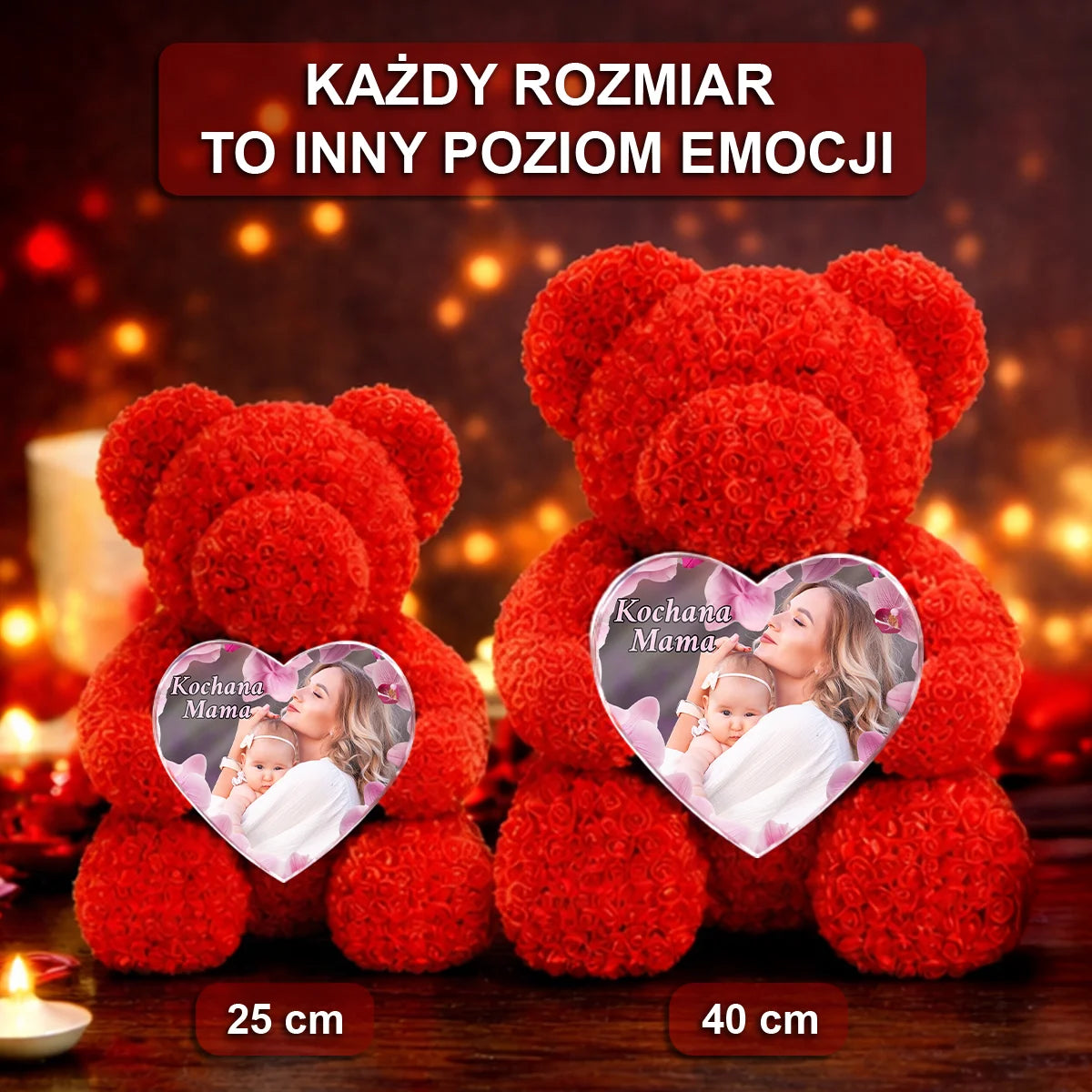 Image of Kochana mama - miś z róż z personalizowanym sercem na Dzień Matki