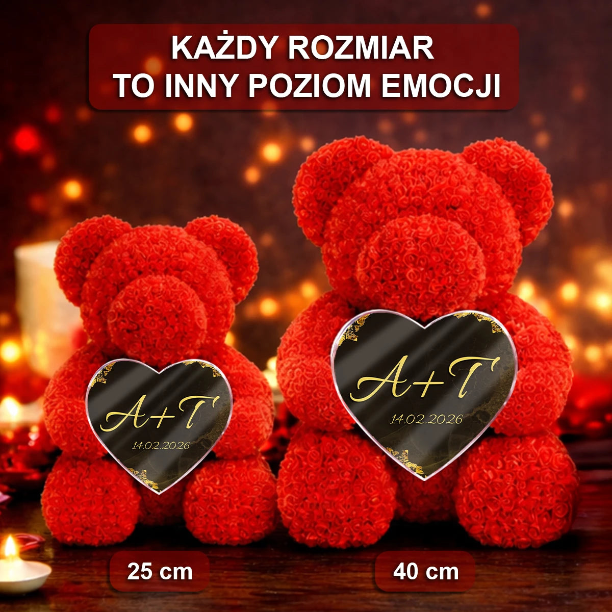 Image of Inicjały + data - miś z róż z personalizowanym sercem