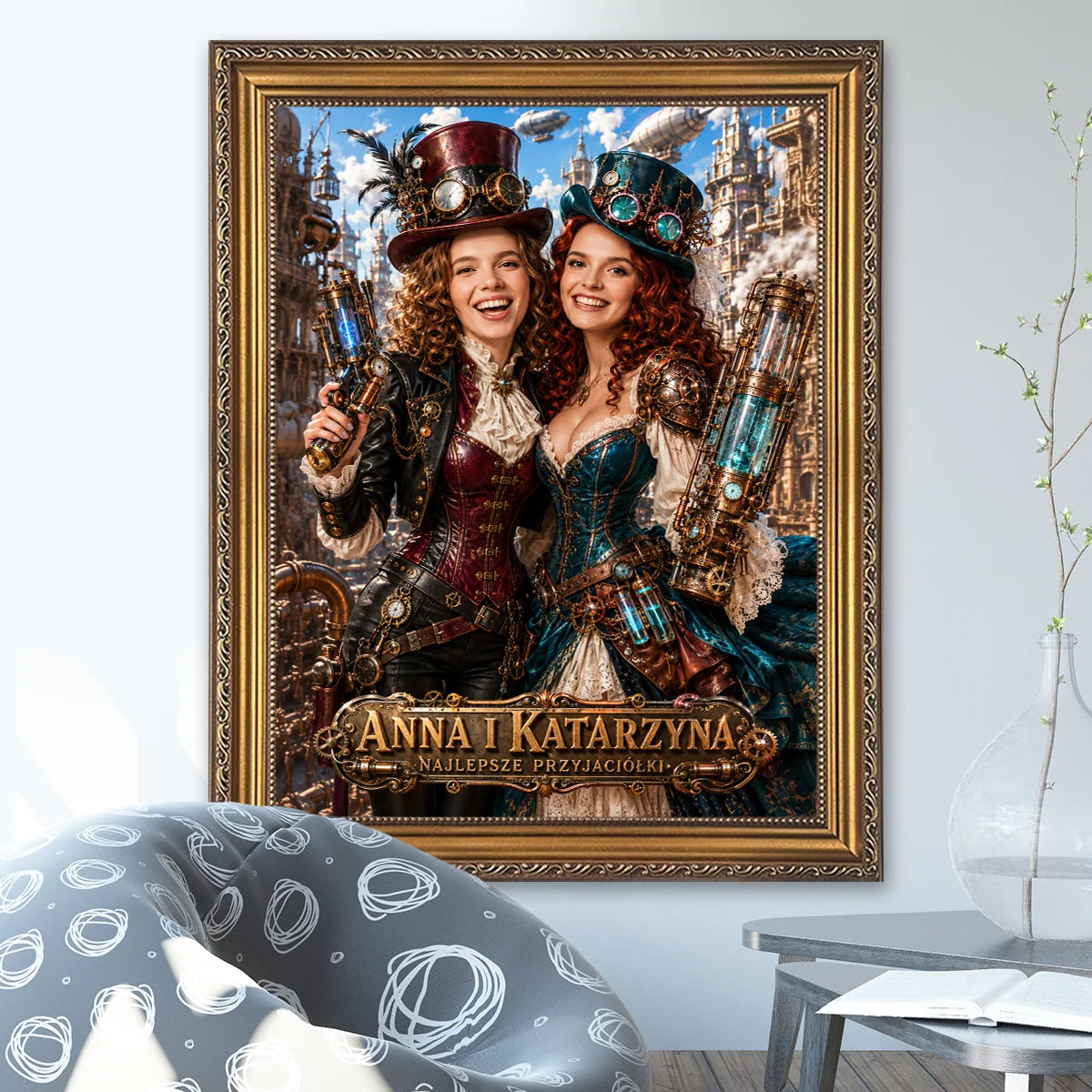 Image of Personalizowany portret dwóch przyjaciółek ze zdjęcia w stylu steampunk z imionami na płótnie