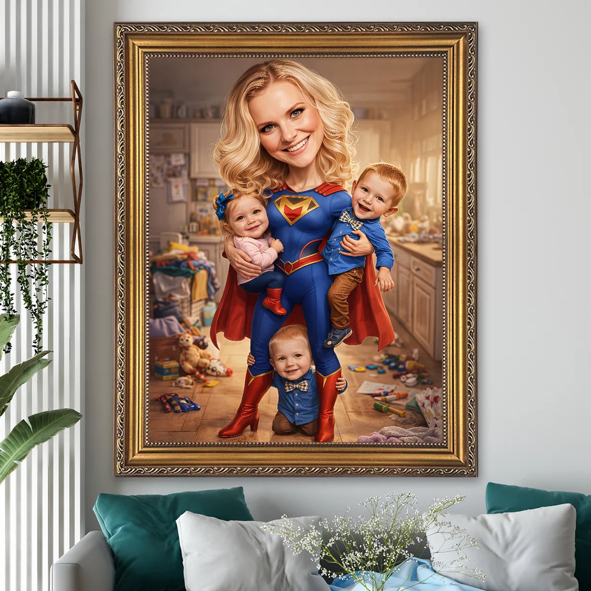 Image of Personalizowany portret mamy jako superbohaterki z dziećmi, obraz ze zdjęcia w stylu Superwoman, dynamiczna scena w eleganckiej ramie