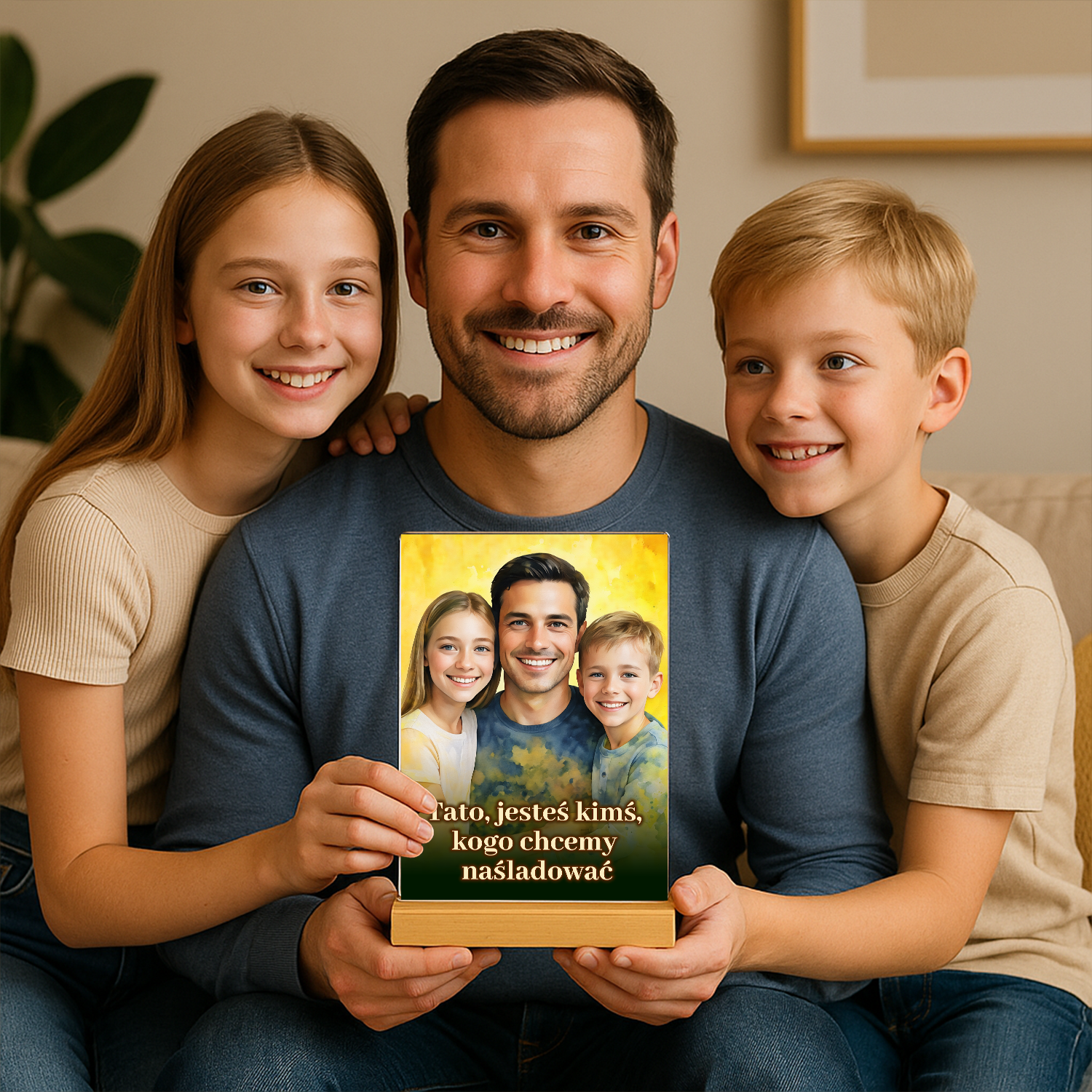 Tata z dziećmi - druk na szkle, portret z Twojego zdjęcia