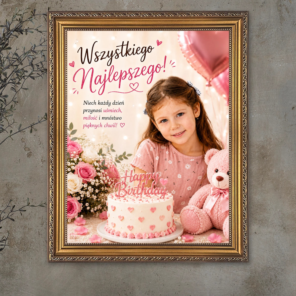 Image of Personalizowany obraz na płótnie na urodziny dziewczynki wykonany ze zdjęcia, z życzeniami i urodzinową dekoracją