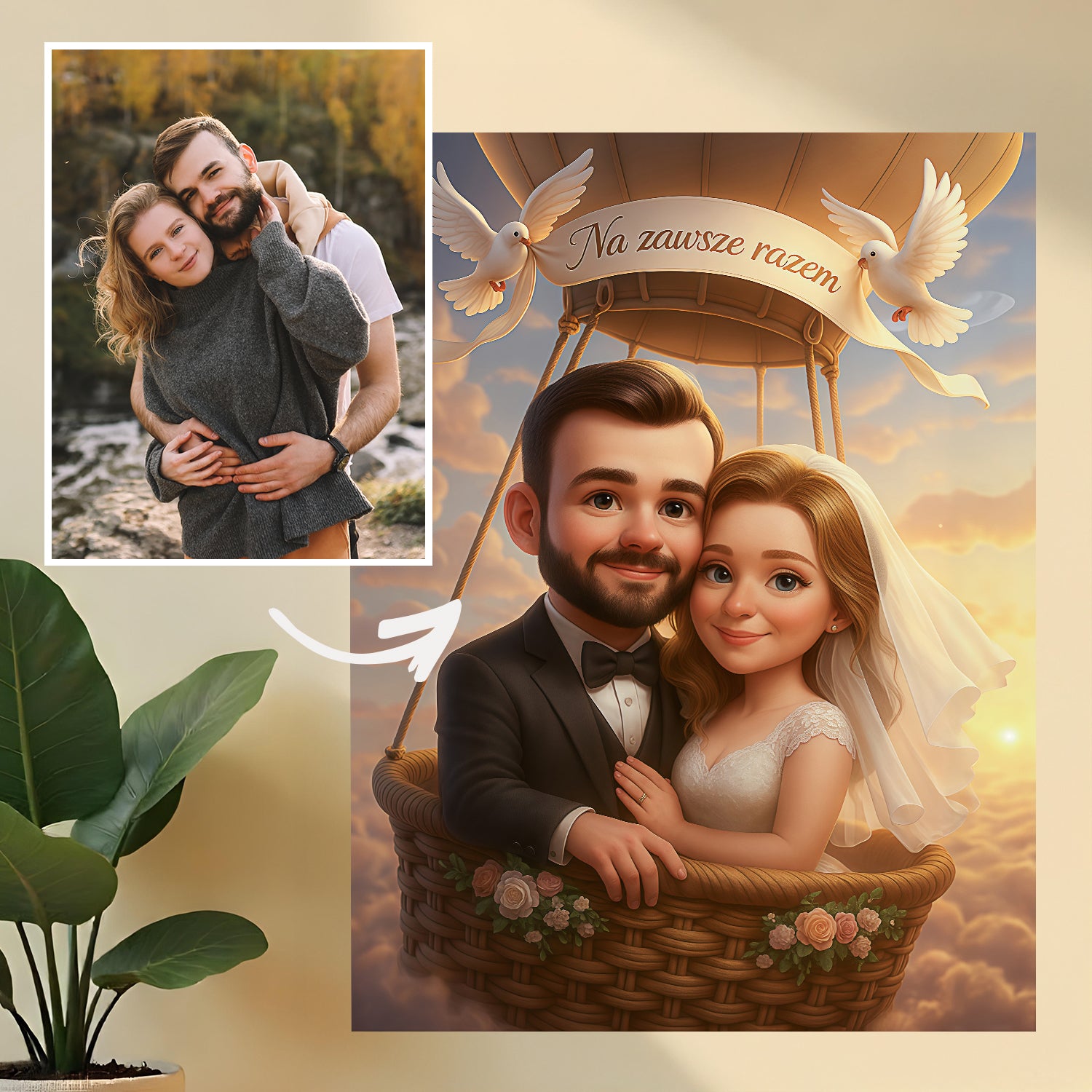 Karykatura ślubna z napisem - obraz na płótnie z Twojego zdjęcia