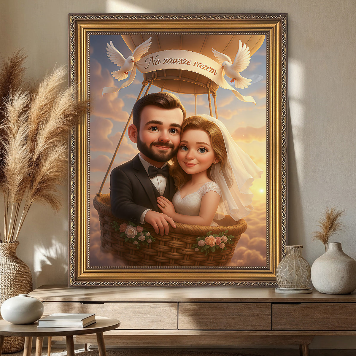 Karykatura ślubna z napisem - obraz na płótnie z Twojego zdjęcia
