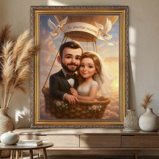 Karykatura ślubna z napisem - obraz na płótnie z Twojego zdjęcia