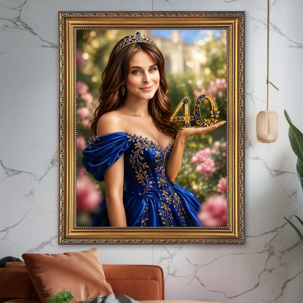 Image of Personalizowany portret na płótnie na 40. urodziny dla kobiety w królewskim stylu z cyfrą 40