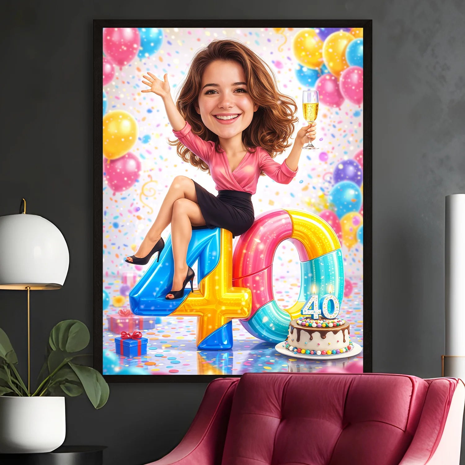 Image of Personalizowany plakat kobiety na 40 urodziny, kolorowa liczba 40, balony, tort i imprezowy motyw