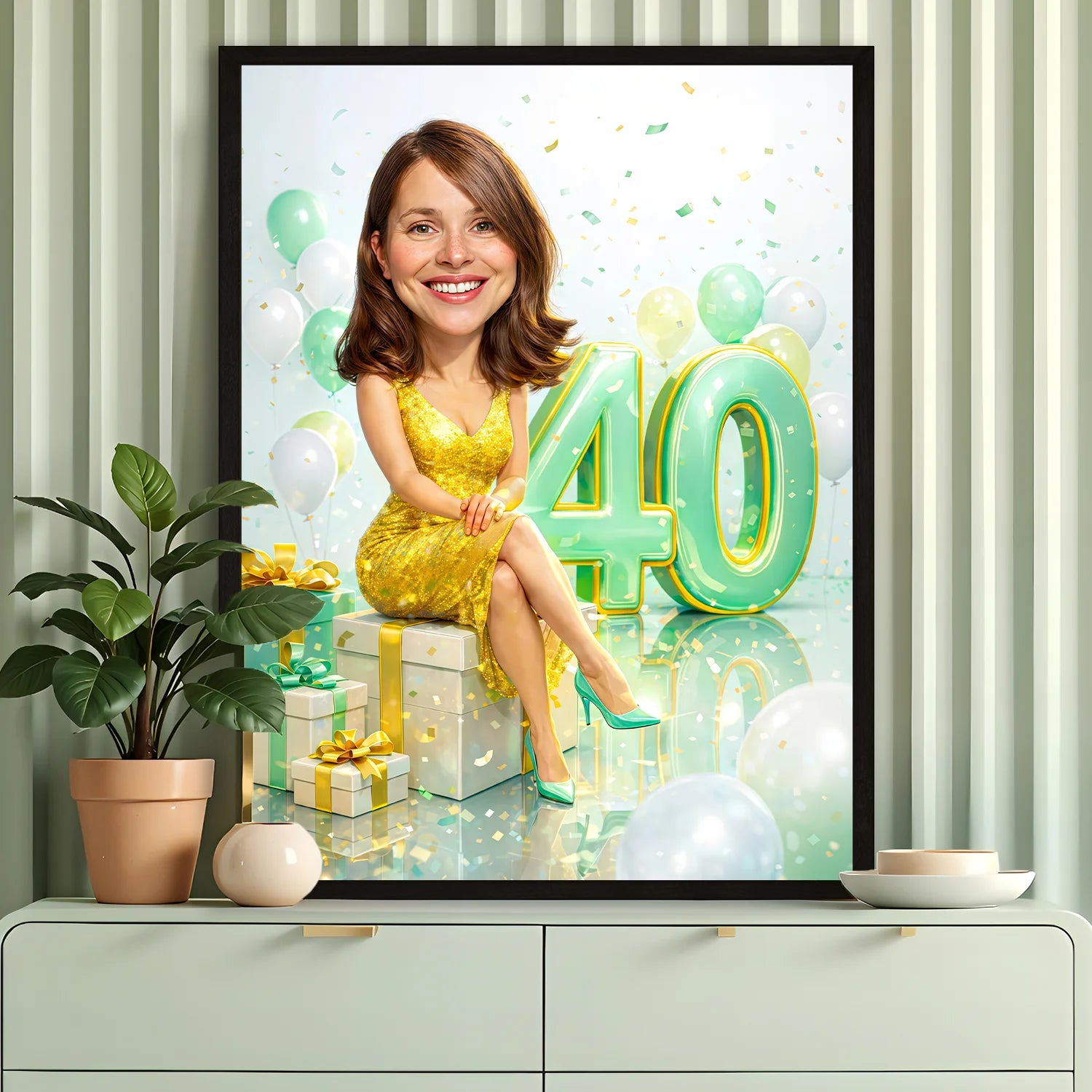 Image of Personalizowany plakat kobiety na 40 urodziny, złota sukienka, dekoracja z liczbą 40, balony i prezenty