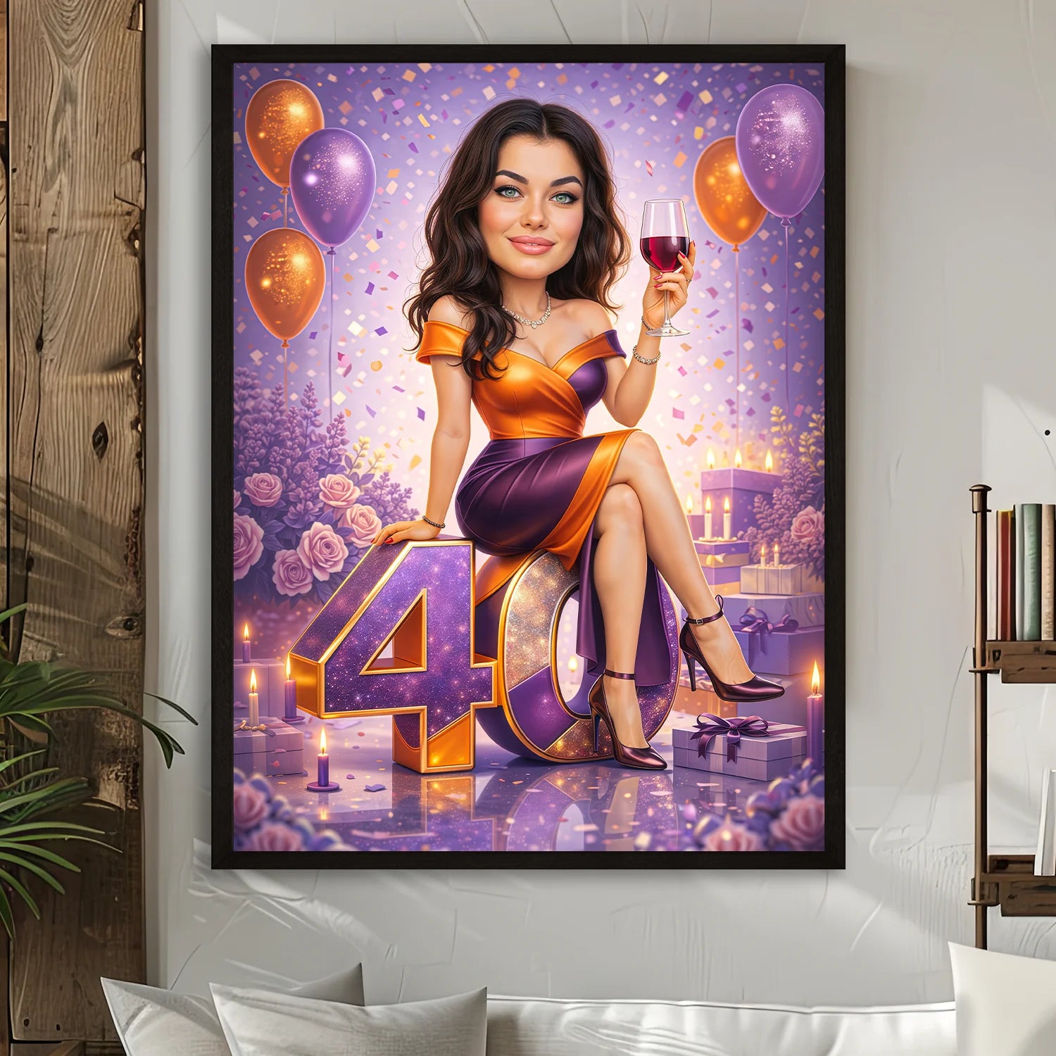 Image of Personalizowany plakat kobiety na 40., fioletowo-pomarańczowa stylizacja, kieliszek wina w dłoni i dekoracja 40