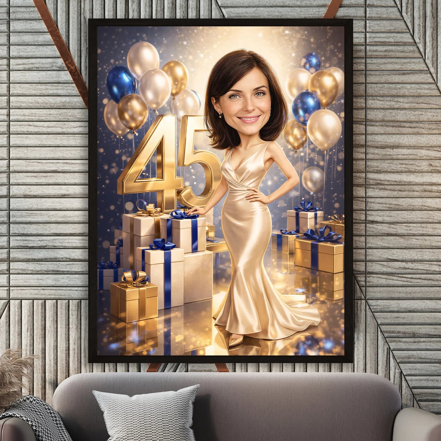 Image of Personalizowany plakat na 45 urodziny dla kobiety, złota sukienka, dekoracyjne prezenty i balony w tle