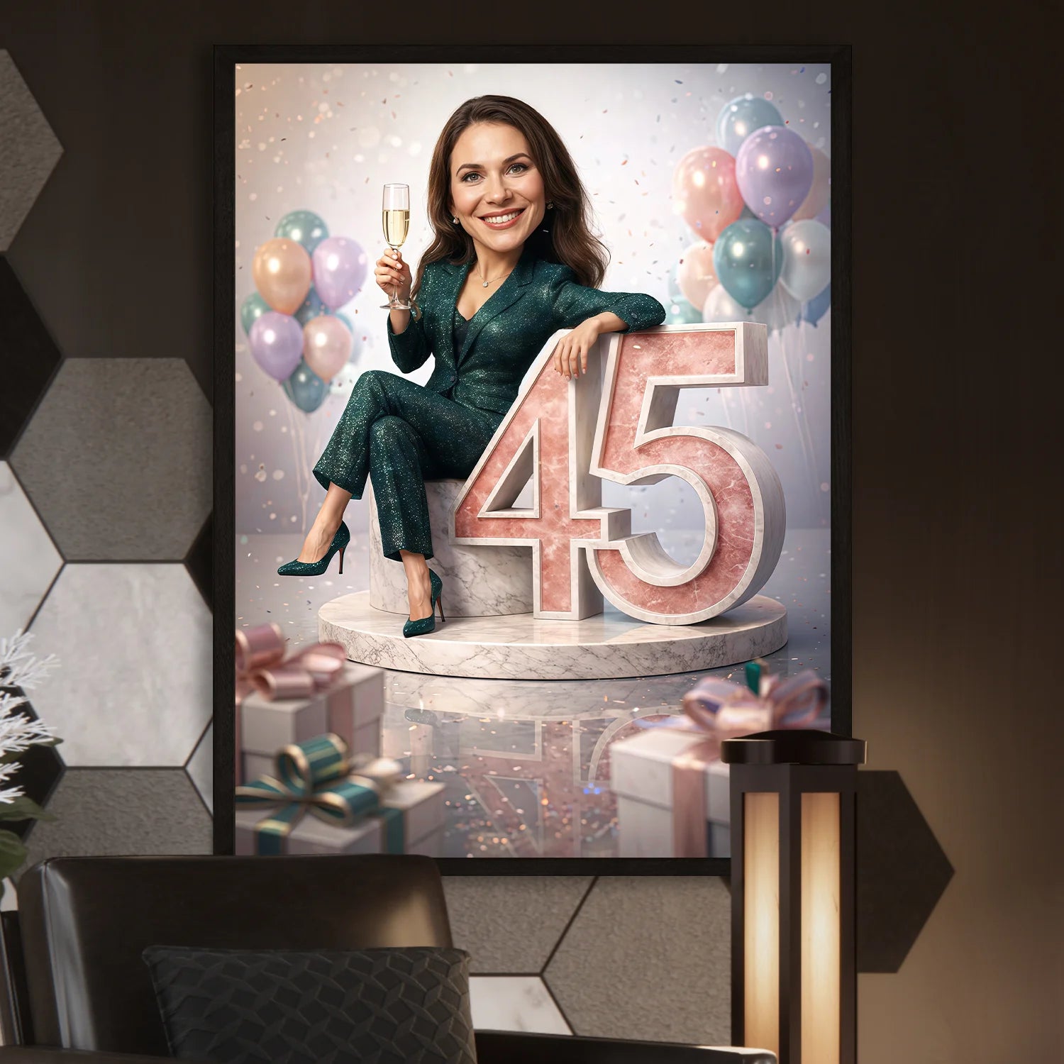 Image of Personalizowany plakat na 45 urodziny dla kobiety, elegancka stylizacja, kieliszek szampana i pastelowe dekoracje w tle