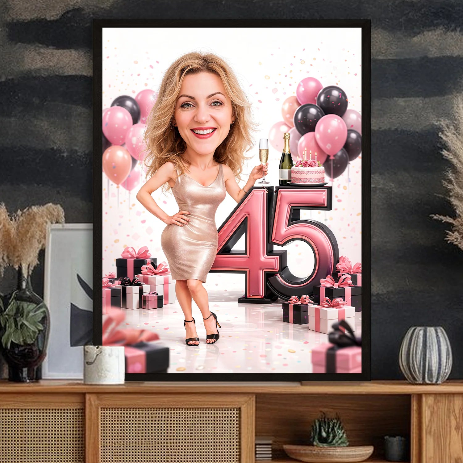 Image of Personalizowany portret kobiety na 45 urodziny na plakacie, różowe dekoracje, elegancka stylizacja i liczba 45