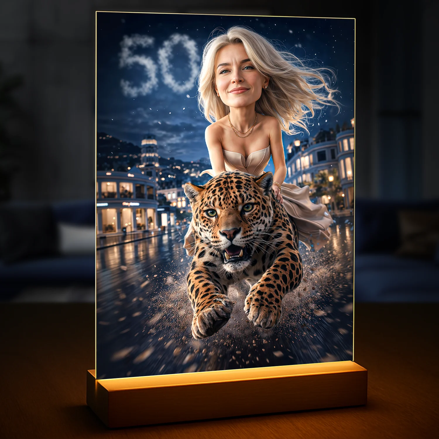 Image of Druk na szkle akrylowym dla kobiety ze zdjęcia, portret na 50 urodziny, kobieta jedzie na jaguarze nocą przez miasto, dynamiczna scena z cyfrą 50 na niebie