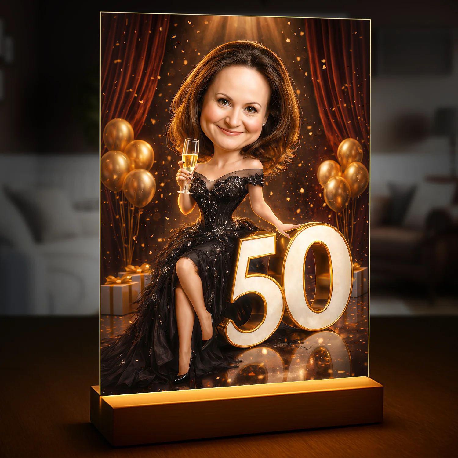 Image of Druk na szkle akrylowym dla niej ze zdjęcia, portret na 50 urodziny, kobieta siedzi przy cyfrze 50 z lampką szampana, złote tło