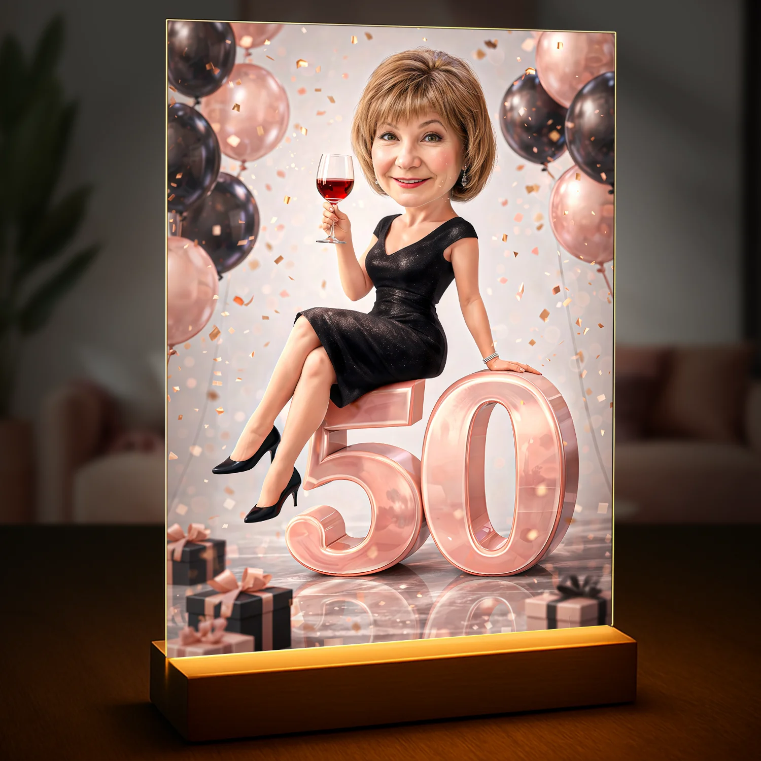 Image of Druk na szkle akrylowym dla niej ze zdjęcia, portret na 50 urodziny, kobieta siedzi na cyfrze 50 z kieliszkiem wina, czarno-różowe balony