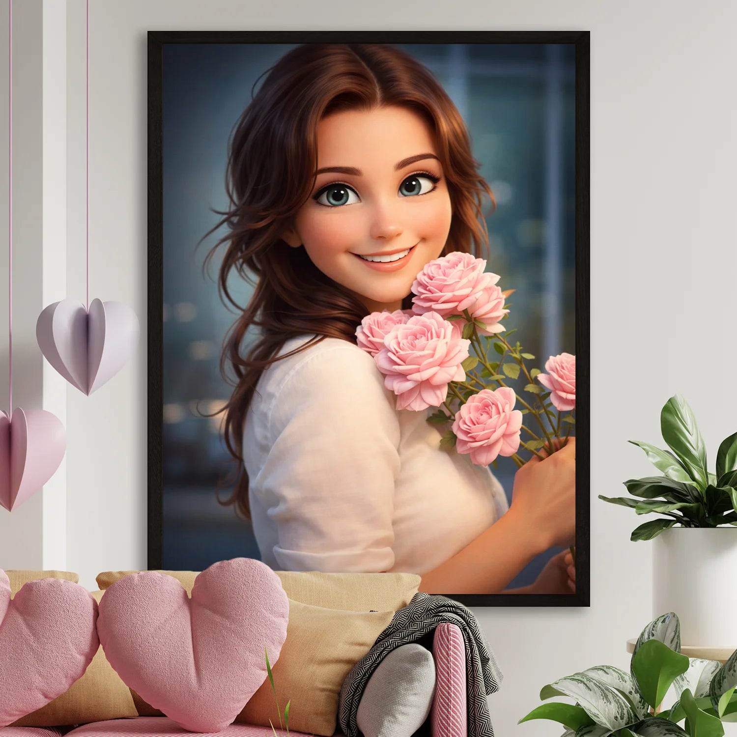 Image of Personalizowany plakat kobiety w bajkowym stylu, portret z różowymi kwiatami i dużymi oczami, pastelowe tło