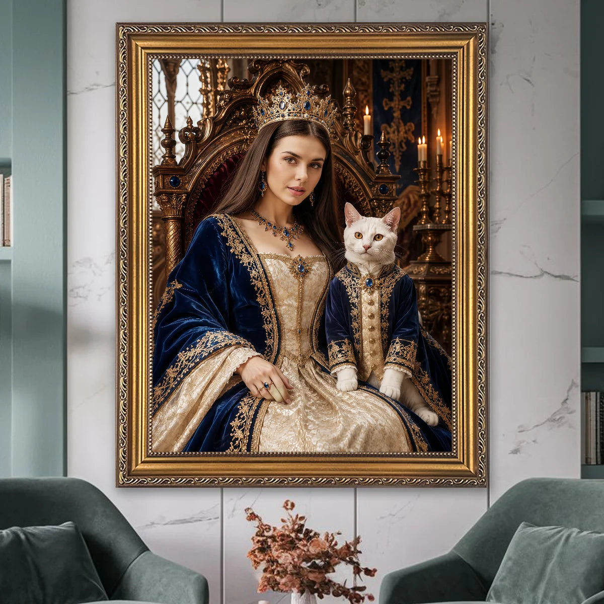 Image of Personalizowany portret kobiety i kota w królewskim stylu na płótnie wykonany ze zdjęcia