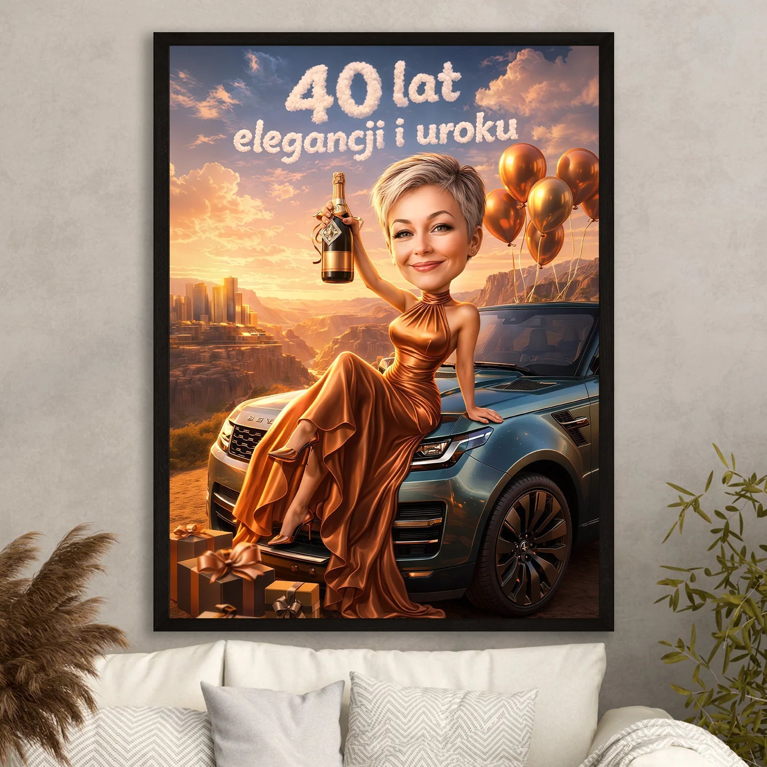 Image of Personalizowany portret kobiety na 40 urodziny na plakacie, elegancki styl, siedzi na aucie z szampanem, balony w tle