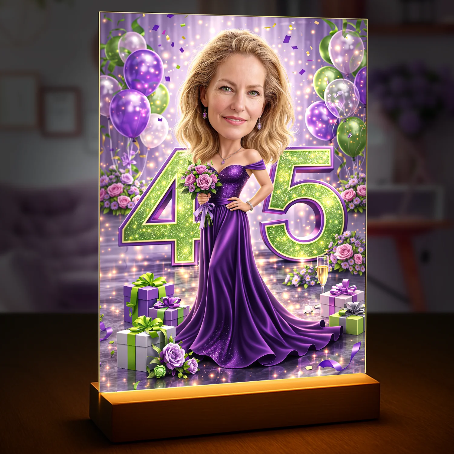 Image of Druk na szkle akrylowym dla niej ze zdjęcia, portret na 45 urodziny, kobieta w fioletowej sukni przy cyfrze 45, balony i prezenty w tle