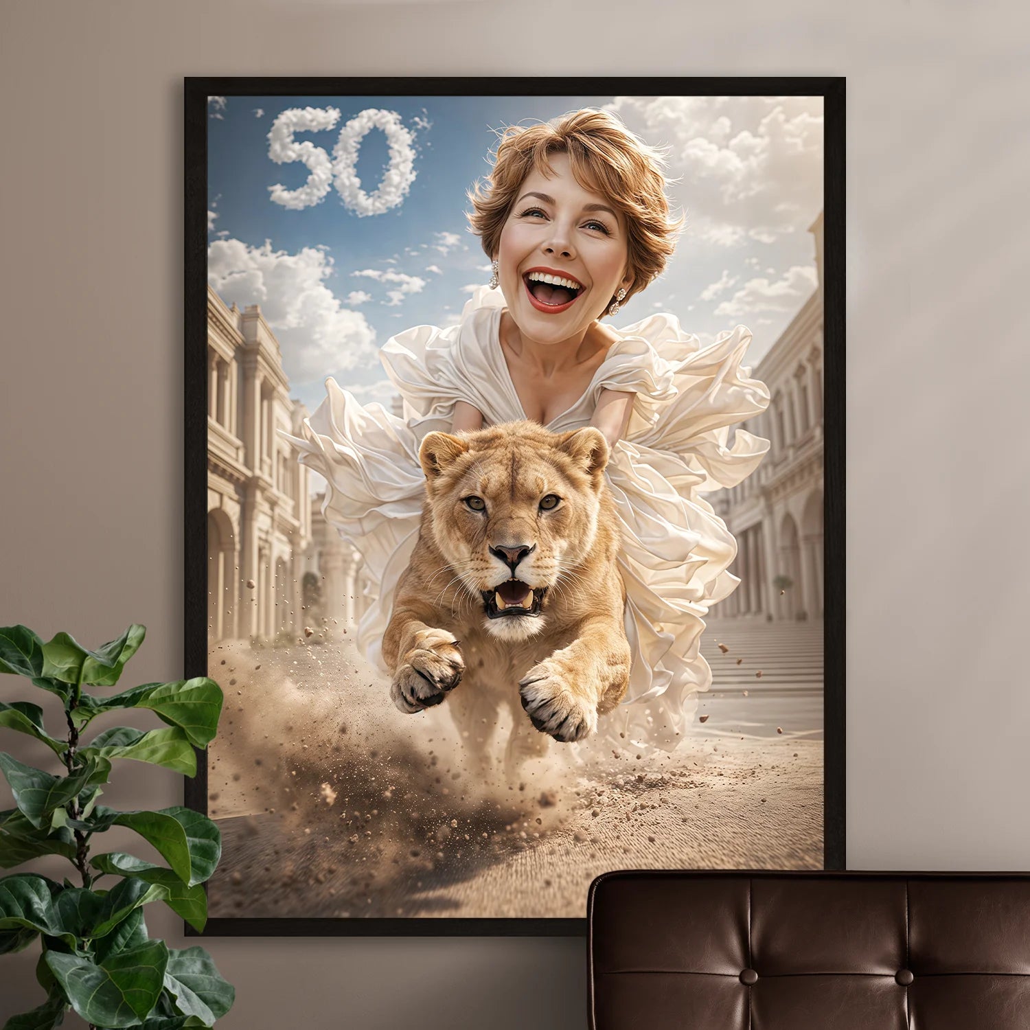 Image of Personalizowany portret kobiety na 50 urodziny na plakacie, kobieta z lwicą, dynamiczna scena w eleganckim stylu