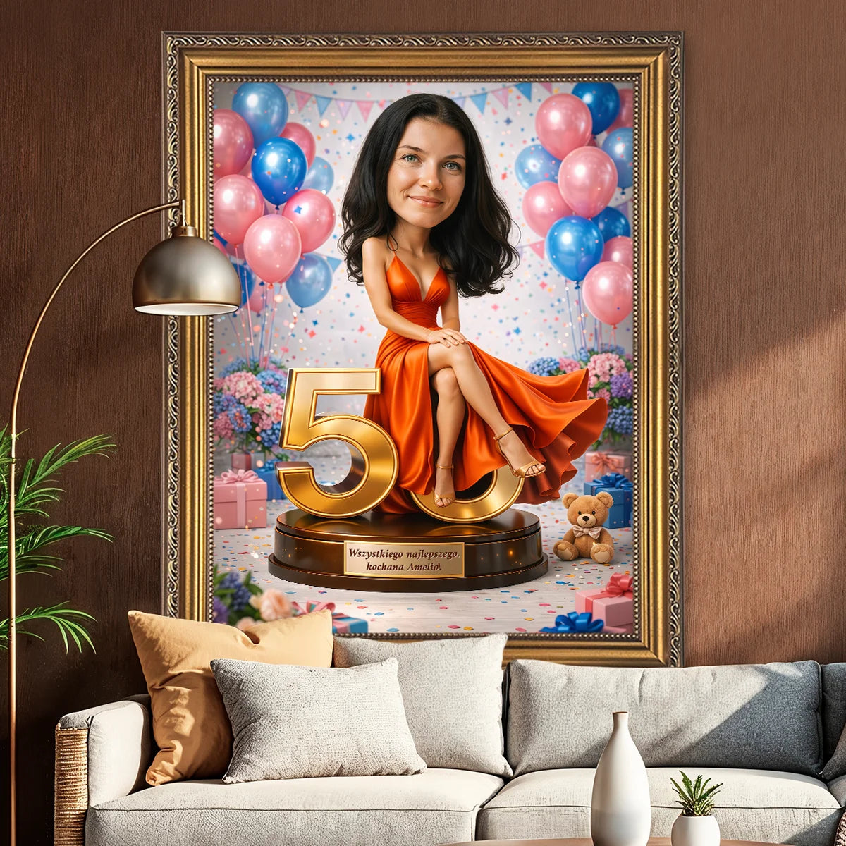 Image of Portret na płótnie na 50 urodziny – kobieta w urodzinowej aranżacji z balonami, personalizowany obraz ze zdjęcia.