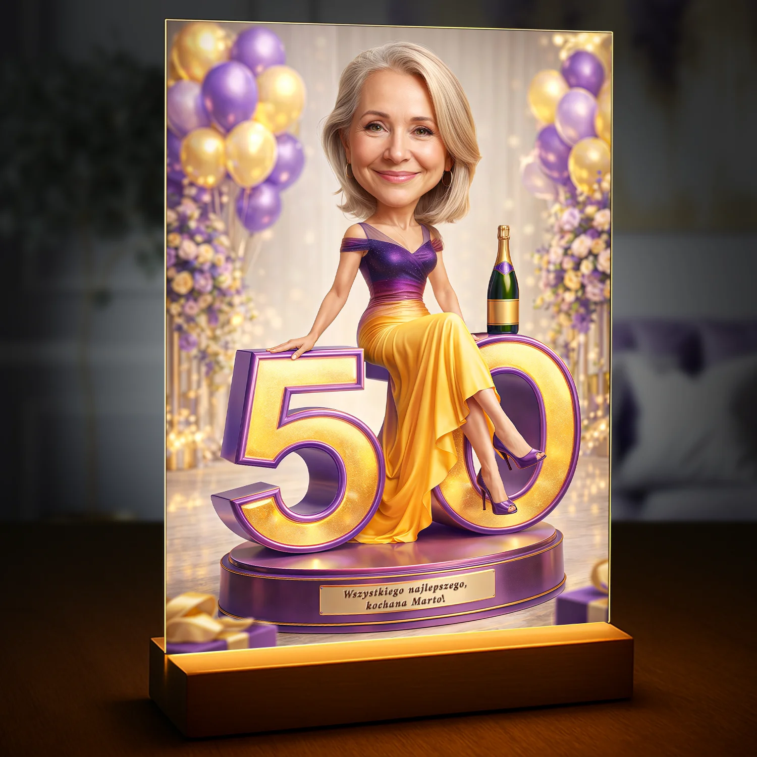 Image of Druk na szkle akrylowym dla kobiety ze zdjęcia, portret na 50 urodziny, elegancki styl fioletowo-złoty z cyfrą 50 i balonami, prezent