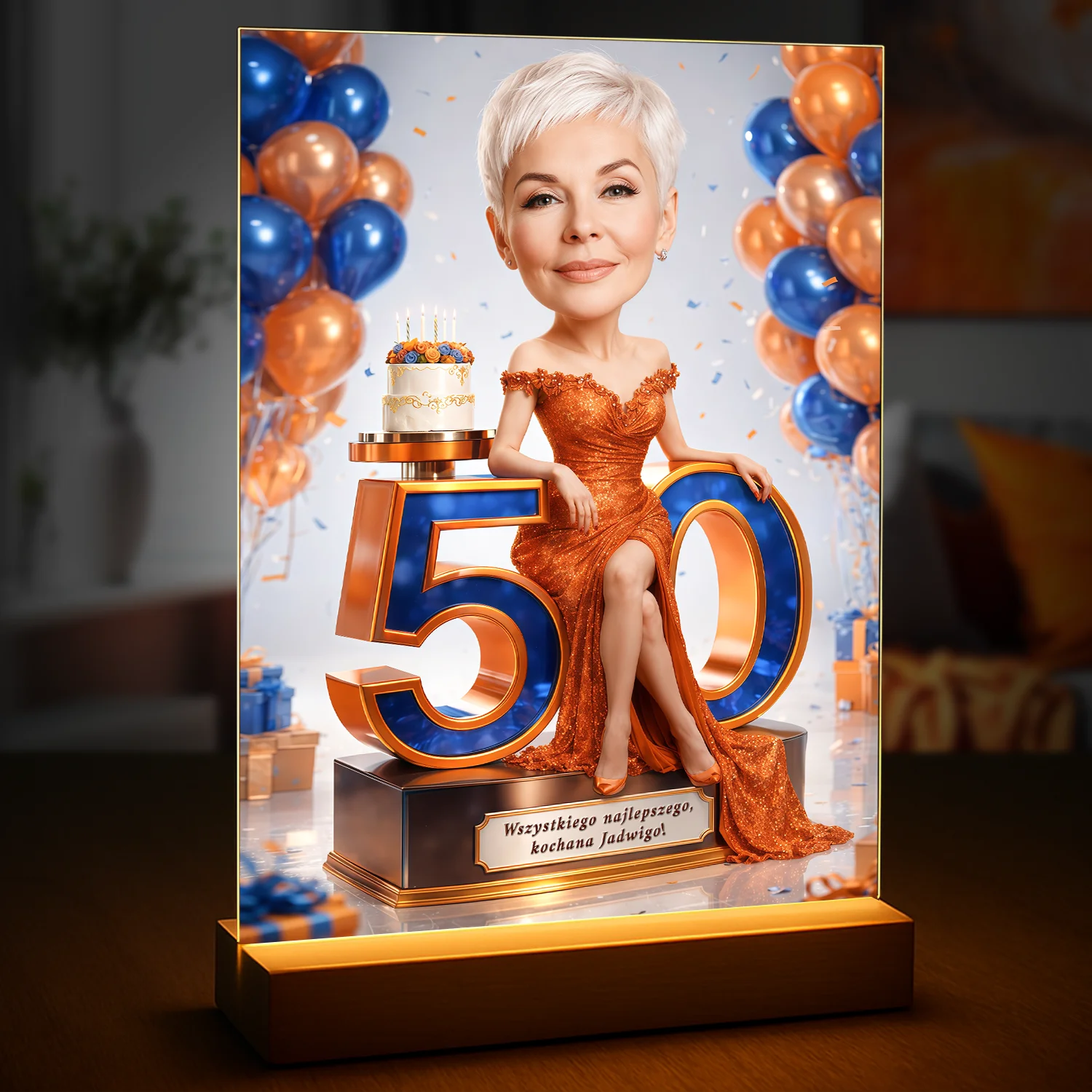 Image of Druk na szkle akrylowym dla kobiety ze zdjęcia, portret na 50 urodziny, elegancki styl z cyfrą 50, balony i tort, prezent